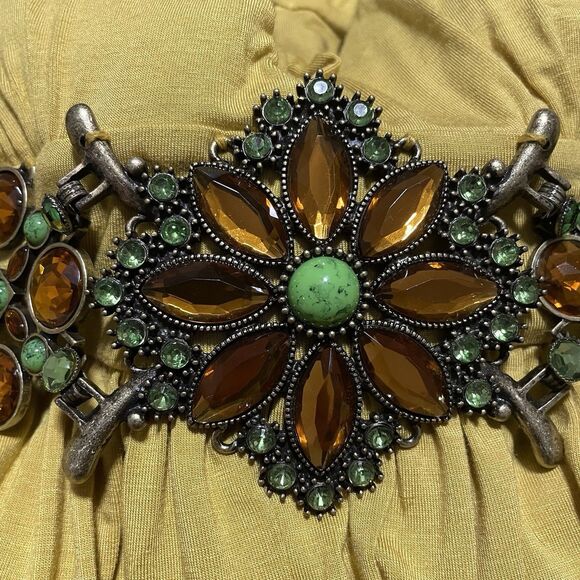 Vintage Love & Love Halter Top Brass Jewel‎ Empire Waist Yellow Boho Y2K Large - Picture 7 of 15